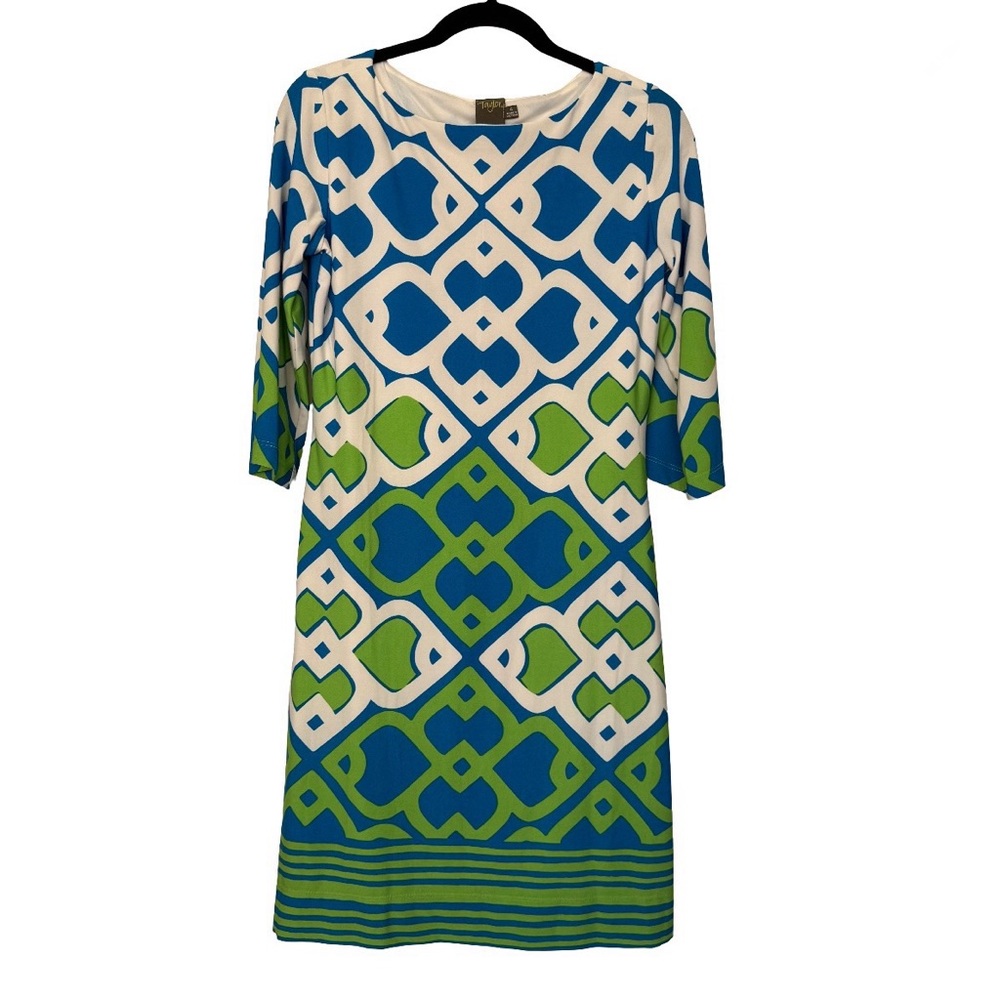 Taylor‎ Patterned Mid Sleeve Dress Green Blue & White